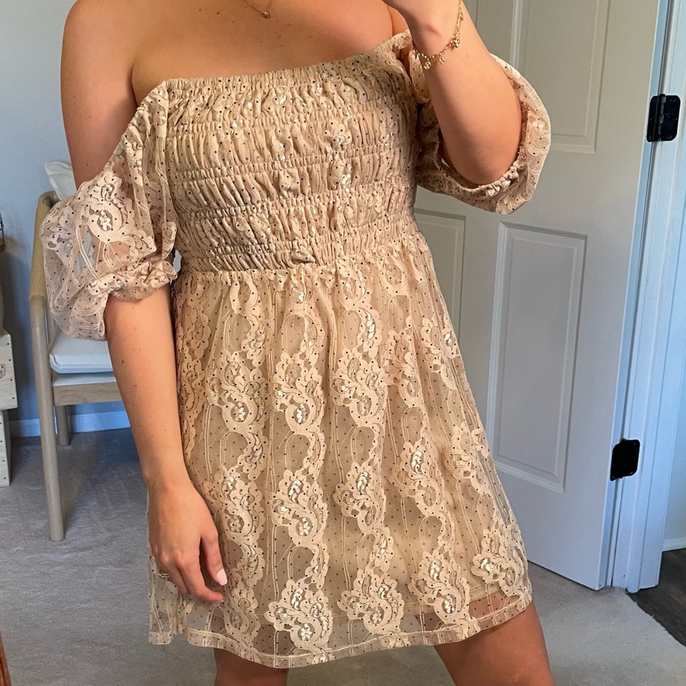 NWT NSR Cream Lace Boho Cottage Core Polka Dot Off-Shoulder Mini Dress - Picture 10 of 10